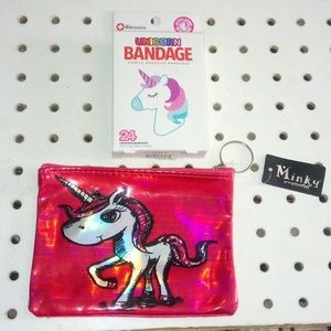 🆕 Metallic HoT Pink/White posed Unicorn zip-up purse & Unicorn design bandaids